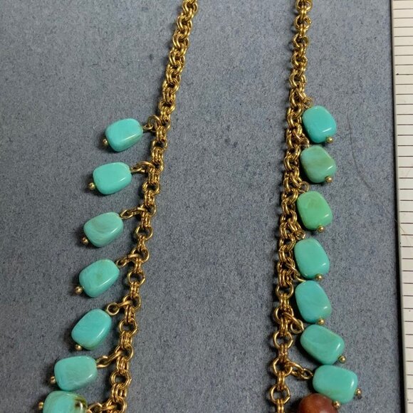 BoHo Multicolor Bead Necklace 32 In Gold Chain Wooden Brown Royal Blue Turquoise - Picture 8 of 9